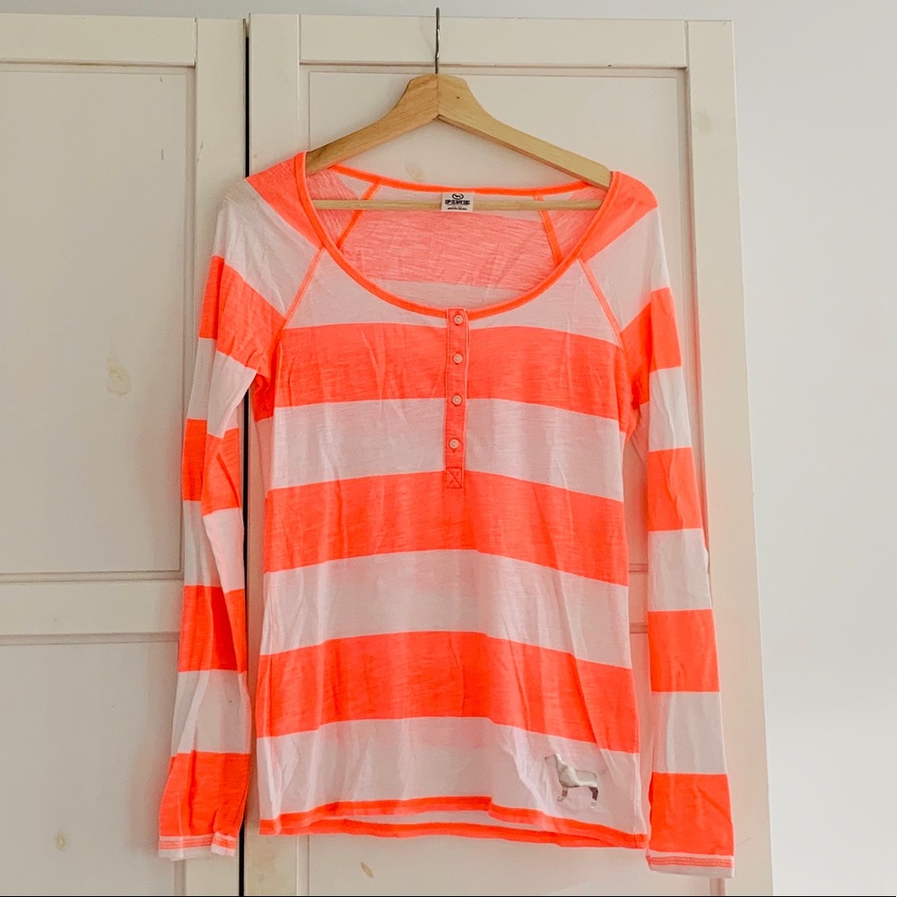 Pink Victoria’s Secret coral & white Henley tee